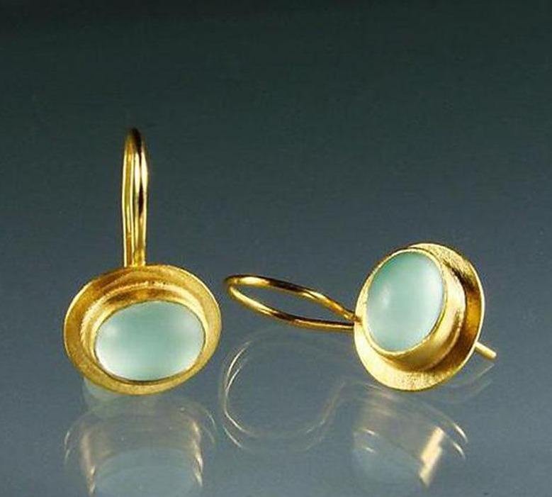 Delicate Green Moonstone Drop Earrings in Gold Finish.