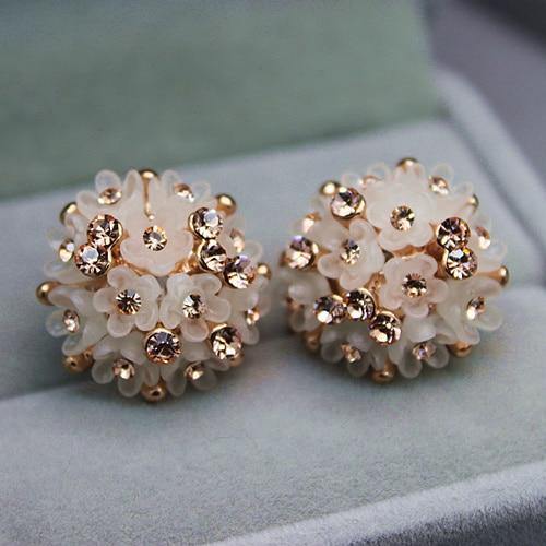 Austrian Crystal Enamel Gold Flower Stud Earrings.